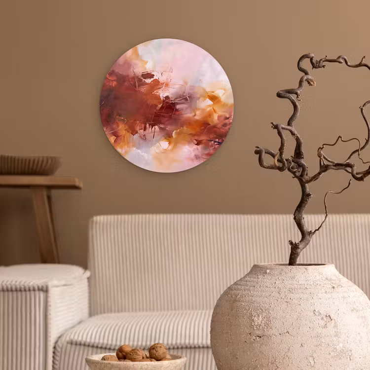 Glasbild Rund - Zusammenfassung – Farbenfroh – Kunst – Modern – Rosa-Rot - Abstract - Kleurrijk - Kunst - Modern - Roze-Rood Wandcirkel plexiglas klein