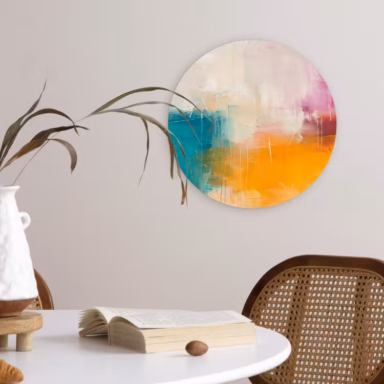 Glasbild Rund - Zusammenfassung – Farbenfroh – Modern – Kunst – Orange - Abstract - Kleurrijk - Modern - Kunst - Oranje Wandcirkel plexiglas klein