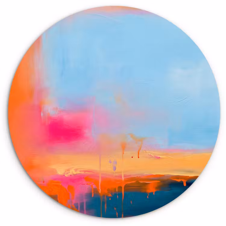 Glasbild Rund - Zusammenfassung – Farbflächen – Modern – Orange – Blau - Abstract - Kleurvlakken - Modern - Oranje - Blauw Wandcirkel plexiglas klein