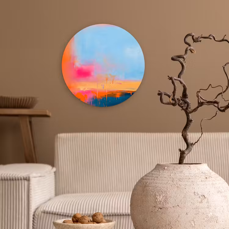 Glasbild Rund - Zusammenfassung – Farbflächen – Modern – Orange – Blau - Abstract - Kleurvlakken - Modern - Oranje - Blauw Wandcirkel plexiglas klein
