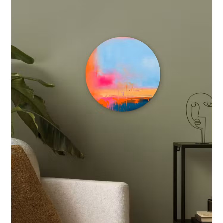 Glasbild Rund - Zusammenfassung – Farbflächen – Modern – Orange – Blau - Abstract - Kleurvlakken - Modern - Oranje - Blauw Wandcirkel plexiglas klein