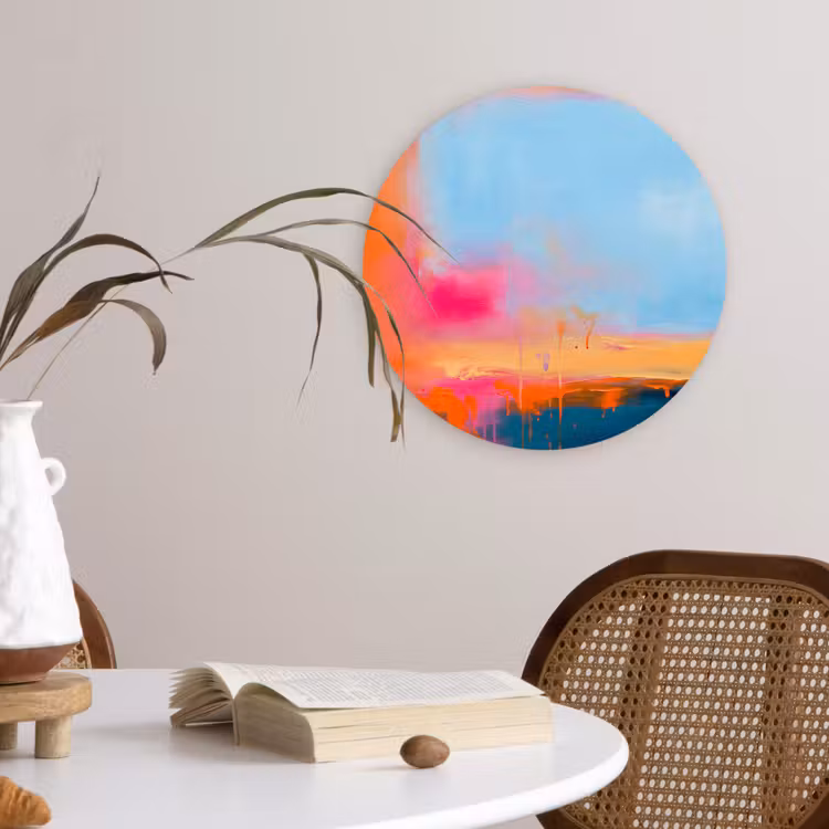 Glasbild Rund - Zusammenfassung – Farbflächen – Modern – Orange – Blau - Abstract - Kleurvlakken - Modern - Oranje - Blauw Wandcirkel plexiglas klein