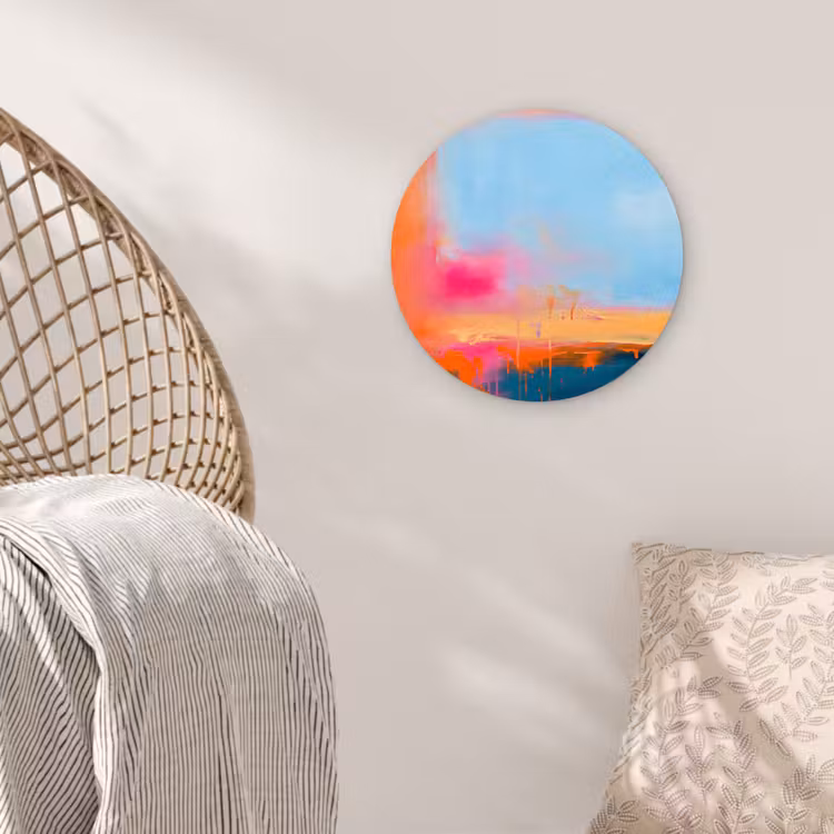 Glasbild Rund - Zusammenfassung – Farbflächen – Modern – Orange – Blau - Abstract - Kleurvlakken - Modern - Oranje - Blauw Wandcirkel plexiglas klein