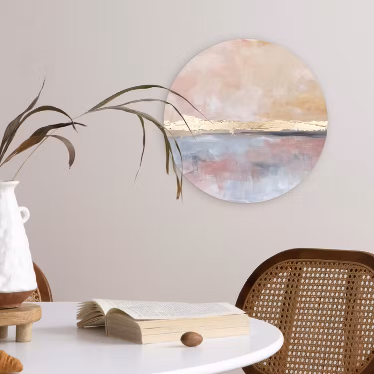 Glasbild Rund - Zusammenfassung – Horizontal – Kunst – Rosa – Gold - Abstract - Horizontaal - Kunst - Roze - Goud Wandcirkel plexiglas klein
