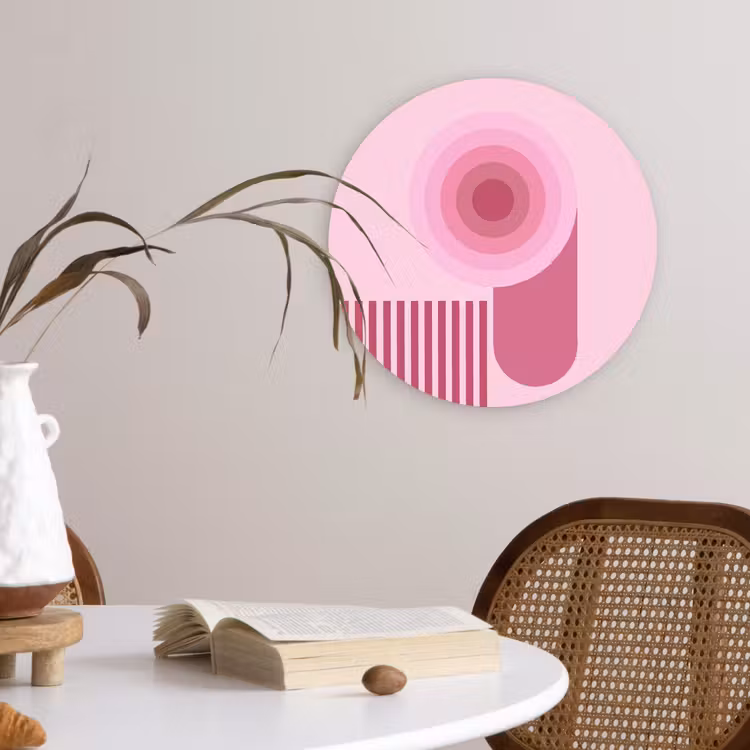 Glasbild Rund - Zusammenfassung – Kreise – Streifen – Modern – Rosa - Abstract - Cirkels - Strepen - Modern - Roze Wandcirkel plexiglas klein