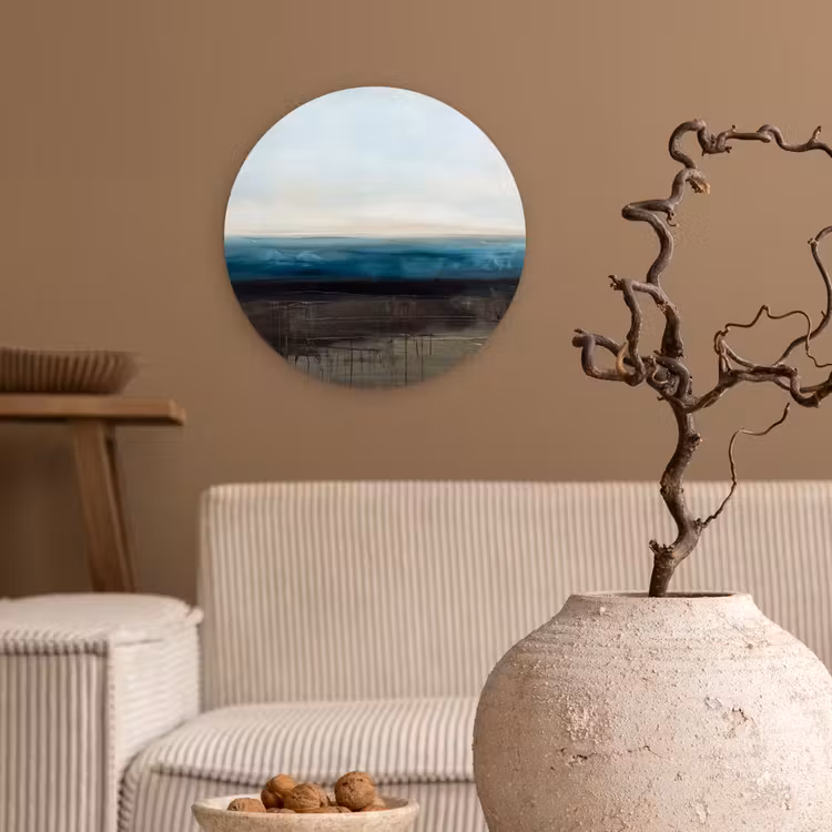 Glasbild Rund - Zusammenfassung – Landschaft – Horizont – Blau – Modern - Abstract - Landschap - Horizon - Blauw - Modern Wandcirkel plexiglas klein