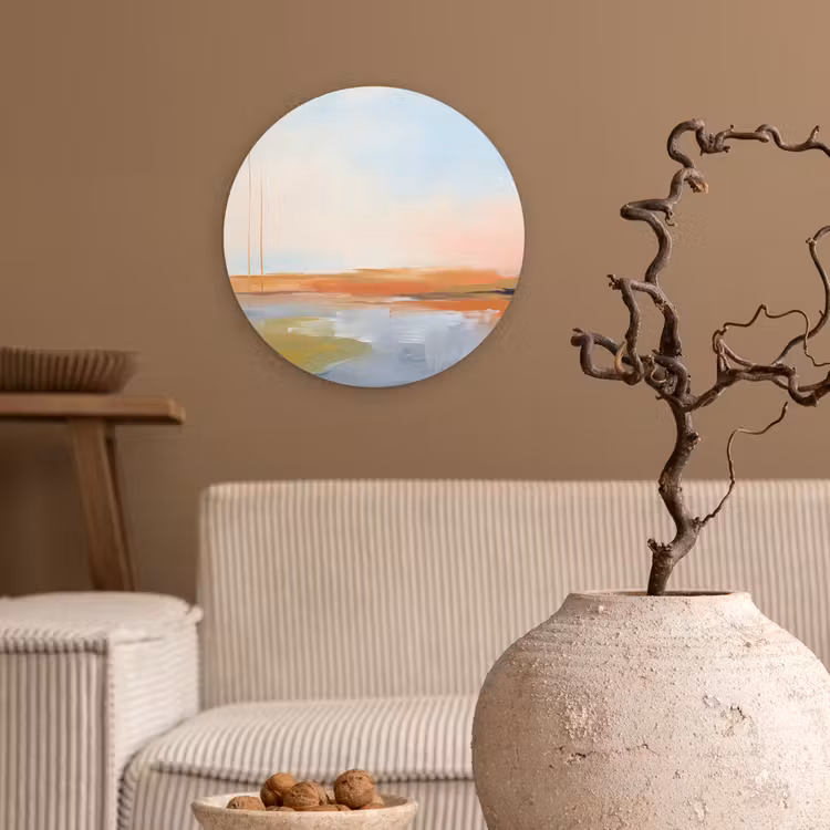 Glasbild Rund - Zusammenfassung – Landschaft – Horizont – Modern – Farbenfroh - Abstract - Landschap - Horizon - Modern - Kleurrijk Wandcirkel plexiglas klein