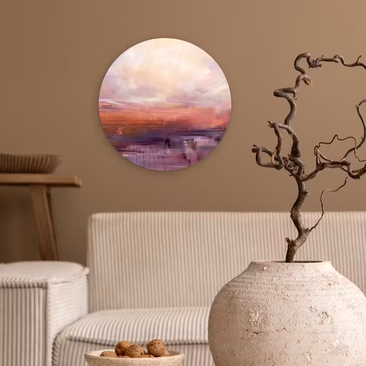 Glasbild Rund - Zusammenfassung – Landschaft – Modern – Lila – Orange - Abstract - Landschap - Modern - Paars - Oranje Wandcirkel plexiglas klein