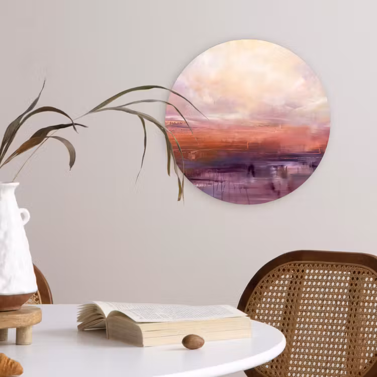 Glasbild Rund - Zusammenfassung – Landschaft – Modern – Lila – Orange - Abstract - Landschap - Modern - Paars - Oranje Wandcirkel plexiglas klein