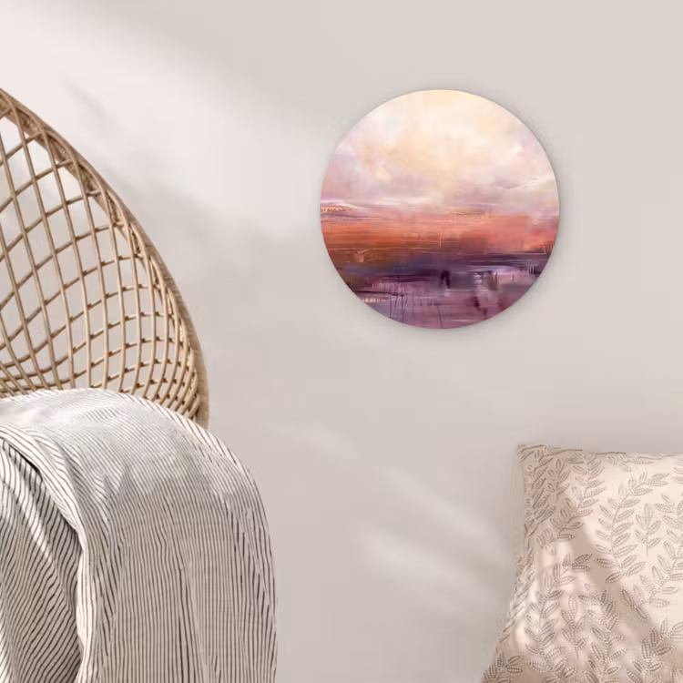 Glasbild Rund - Zusammenfassung – Landschaft – Modern – Lila – Orange - Abstract - Landschap - Modern - Paars - Oranje Wandcirkel plexiglas klein
