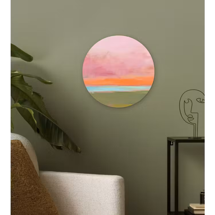 Glasbild Rund - Zusammenfassung – Landschaft – Modern – Rosa – Orange - Abstract - Landschap - Modern - Roze - Oranje Wandcirkel plexiglas klein