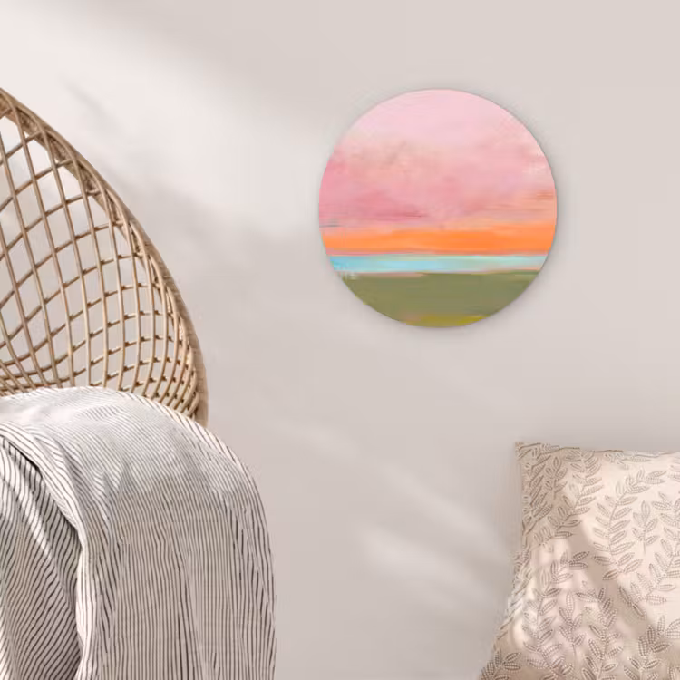 Glasbild Rund - Zusammenfassung – Landschaft – Modern – Rosa – Orange - Abstract - Landschap - Modern - Roze - Oranje Wandcirkel plexiglas klein