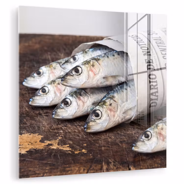 Glasbild - Sardine – Zeitung – Schneidebrett - Sardientje - krant - snijplank plexiglas 5mm klein