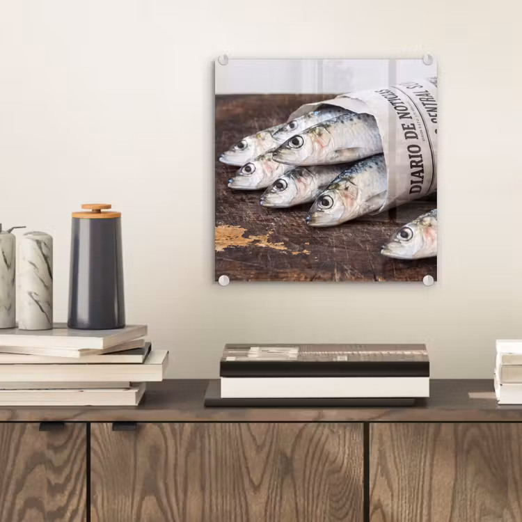 Glasbild - Sardine – Zeitung – Schneidebrett - Sardientje - krant - snijplank plexiglas 5mm klein