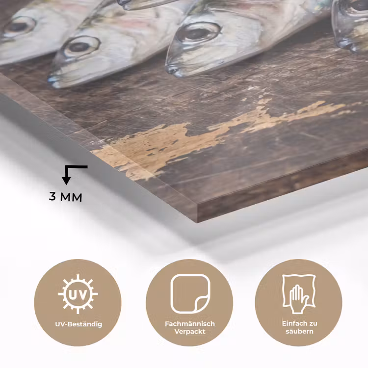 Glasbild - Sardine – Zeitung – Schneidebrett - Sardientje - krant - snijplank plexiglas 5mm klein