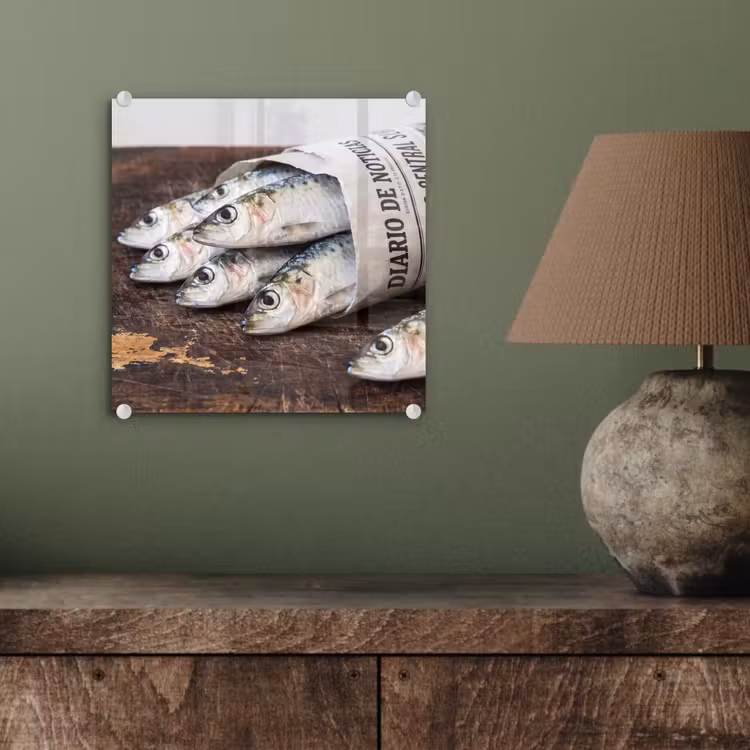Glasbild - Sardine – Zeitung – Schneidebrett - Sardientje - krant - snijplank plexiglas 5mm klein