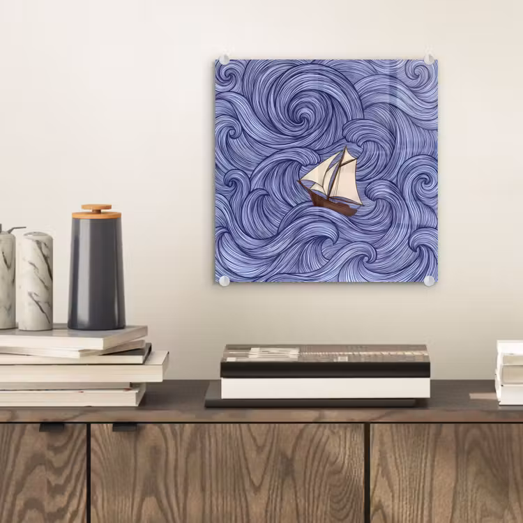 Schip - Golven - Zee - Illustratie - Blauw plexiglas 5mm klein -sfeer1
