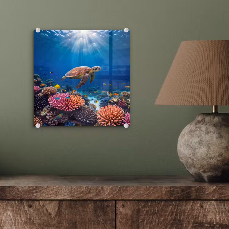 Schildpad - Koraalrif - Oceaan - Dieren - Blauw plexiglas 5mm klein -sfeer3