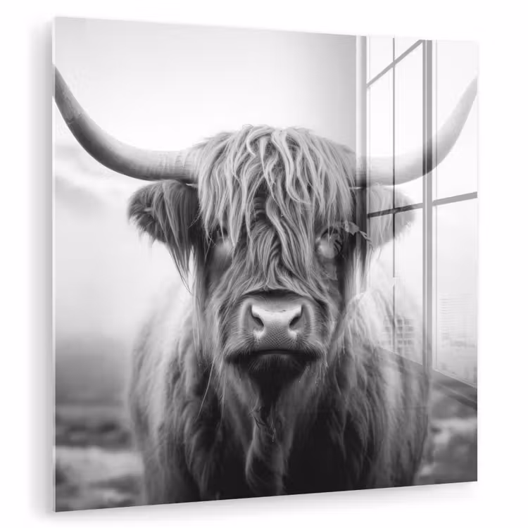 Schotse hooglander - Mist - Zwart - Wit plexiglas 5mm klein -zzzproduct_nieuw