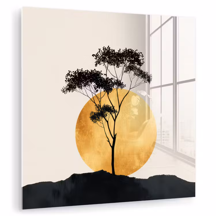 Zwarte boom - Gouden cirkel - Heuvel plexiglas 5mm klein -zzzproduct_nieuw