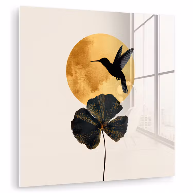 Zwarte kolibrie - Bloem - Gouden cirkel plexiglas 5mm klein -zzzproduct_nieuw
