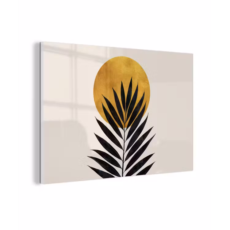 Zwart palmblad - Gouden cirkel - Beige achtergrond plexiglas 5mm klein -zzzproduct_nieuw