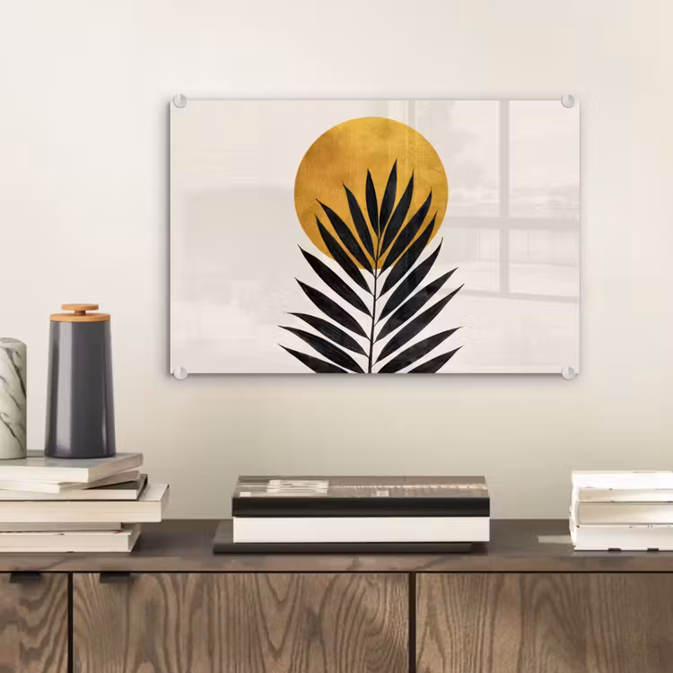 Zwart palmblad - Gouden cirkel - Beige achtergrond plexiglas 5mm klein -sfeer1