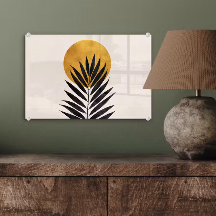Zwart palmblad - Gouden cirkel - Beige achtergrond plexiglas 5mm klein -wsfeer2_DE
