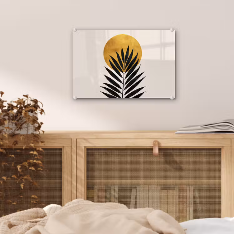 Zwart palmblad - Gouden cirkel - Beige achtergrond plexiglas 5mm klein -sfeer3