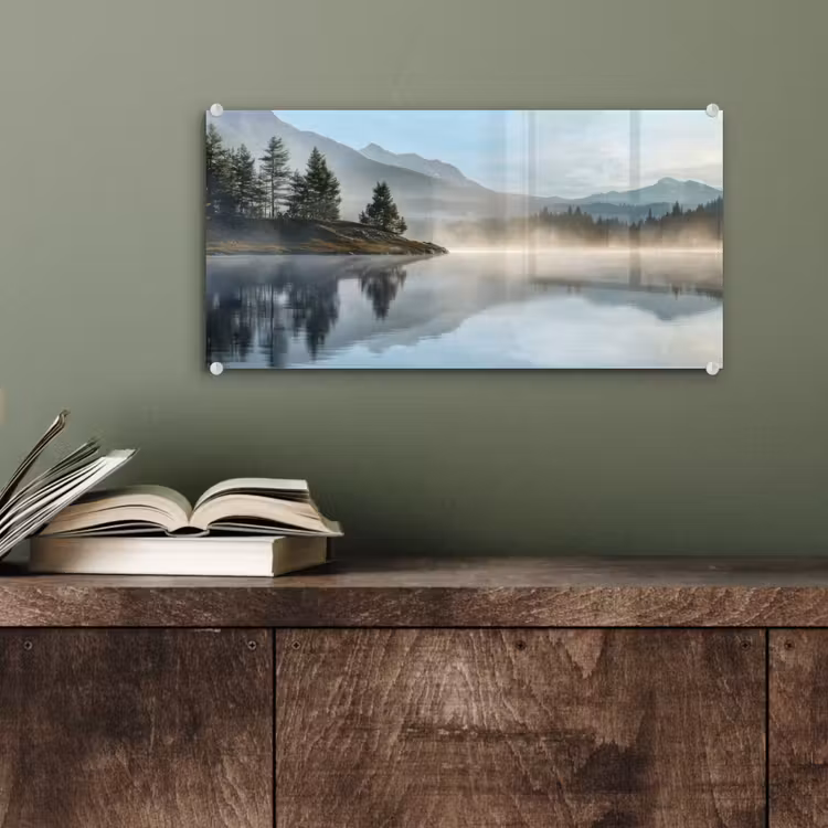 Meer - Mist - Bergen - Landschap plexiglas 5mm klein -sfeer3