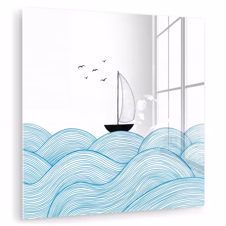 Zeilboot - Golven - Zee - Illustratie - Blauw plexiglas 5mm klein -zzzproduct_nieuw