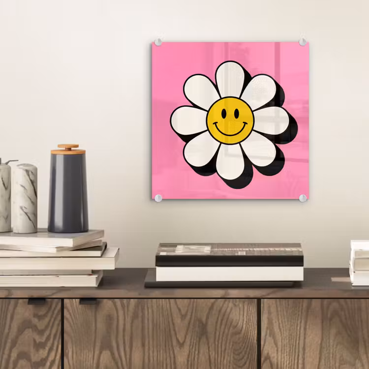 Smiley - Bloem - Roze plexiglas 5mm klein -sfeer1