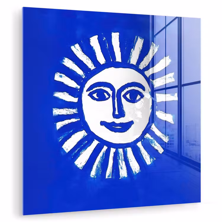 Zon - Gezicht - Penseelstructuur - Blauw plexiglas 5mm klein -zzzproduct_nieuw