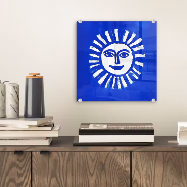 Zon - Gezicht - Penseelstructuur - Blauw plexiglas 5mm klein -sfeer1
