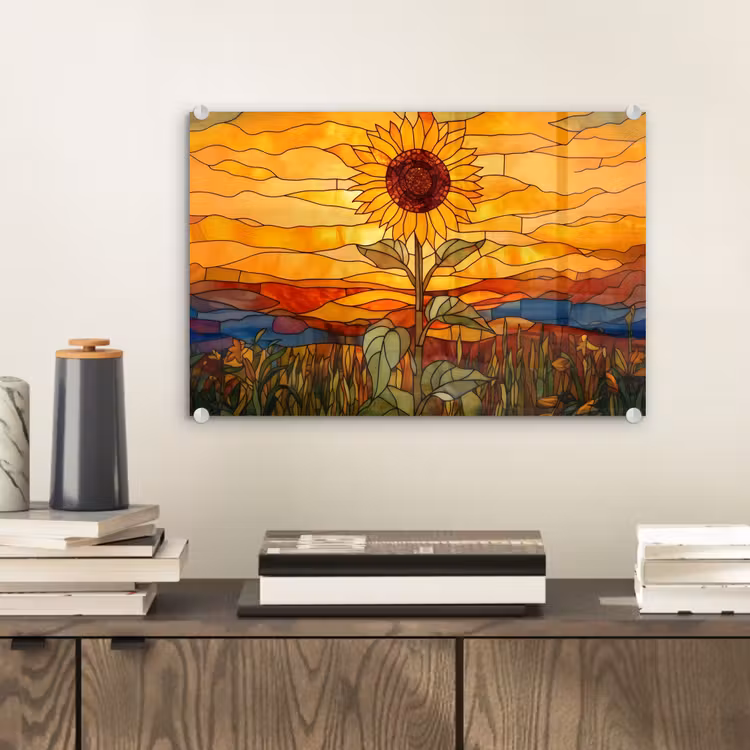 Zonnebloem - Mozaïek - Zonsondergang - Geel plexiglas 5mm klein -sfeer1