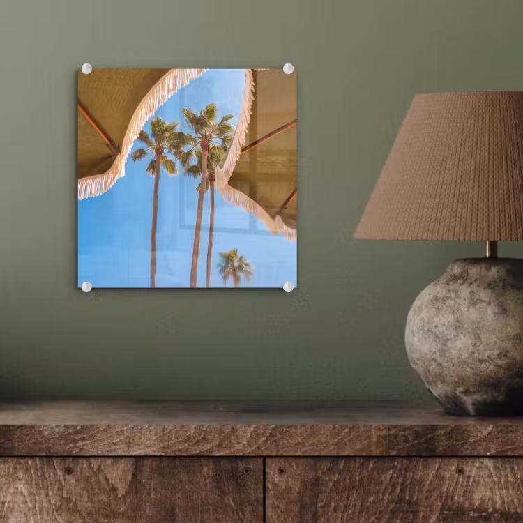 Glasbild - Sonnenschirm – Grün – Fransen – Sommer – Tropisch - Parasol - Groen - Franjes - Zomer - Tropisch plexiglas 5mm klein