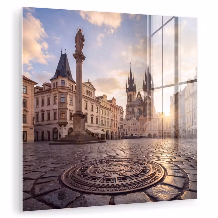 Glasbild - Stadt – Prag – Morgen – Architektur – Gold - Stad - Praag - Ochtend - Architectuur - Goud plexiglas 5mm klein