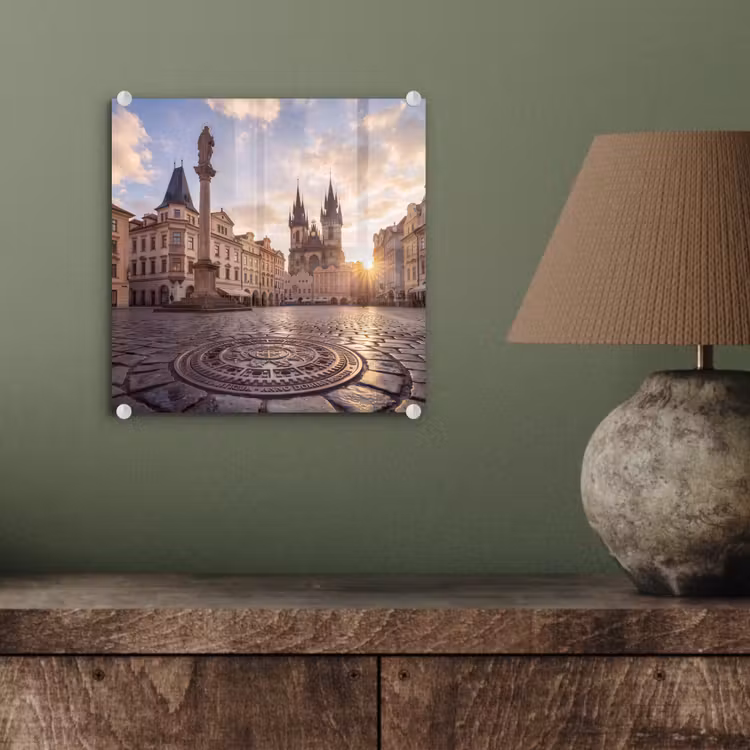 Glasbild - Stadt – Prag – Morgen – Architektur – Gold - Stad - Praag - Ochtend - Architectuur - Goud plexiglas 5mm klein