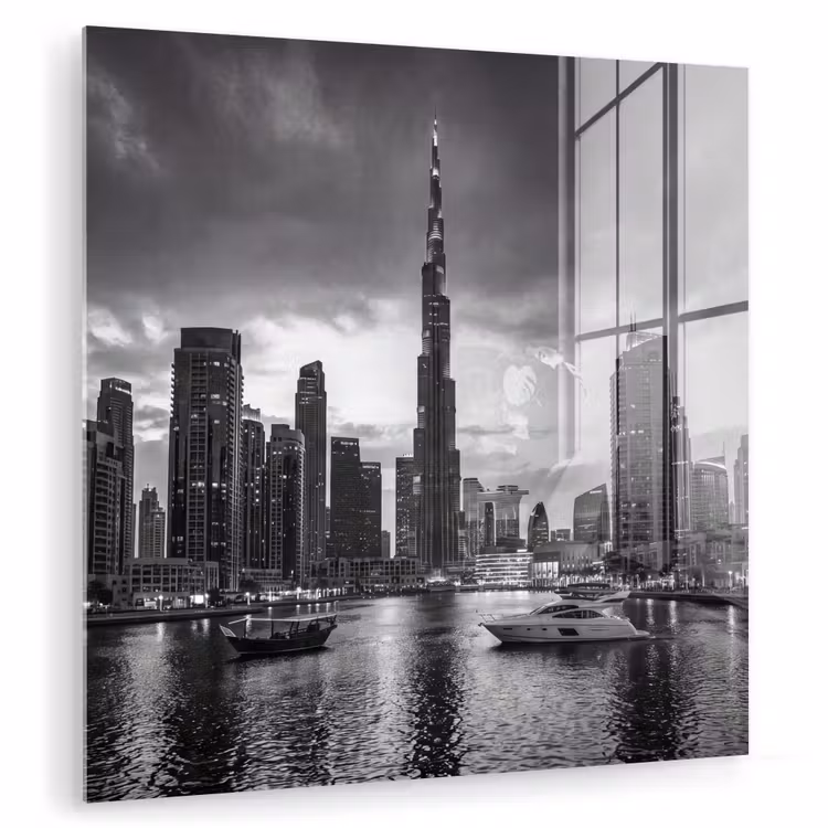 Glasbild - Stadt – Skyline – Architektur – Abend – Schwarz-Weiß - Stad - Skyline - Architectuur - Avond - Zwart-wit plexiglas 5mm klein