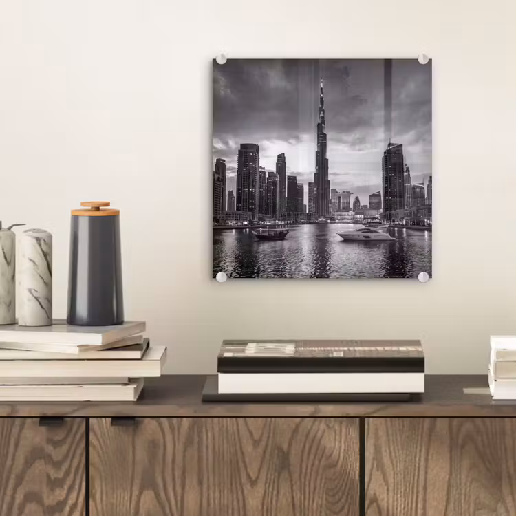 Glasbild - Stadt – Skyline – Architektur – Abend – Schwarz-Weiß - Stad - Skyline - Architectuur - Avond - Zwart-wit plexiglas 5mm klein
