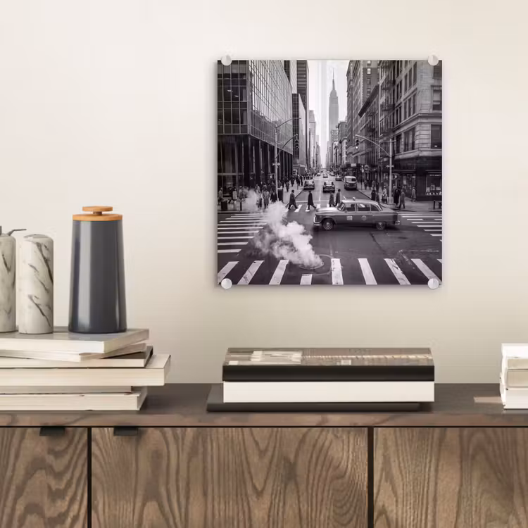 Glasbild - Stadt – Straße – Gebäude – Verkehr – Schwarz-Weiß - Stad - Straat - Gebouwen - Verkeer - Zwart-wit plexiglas 5mm klein