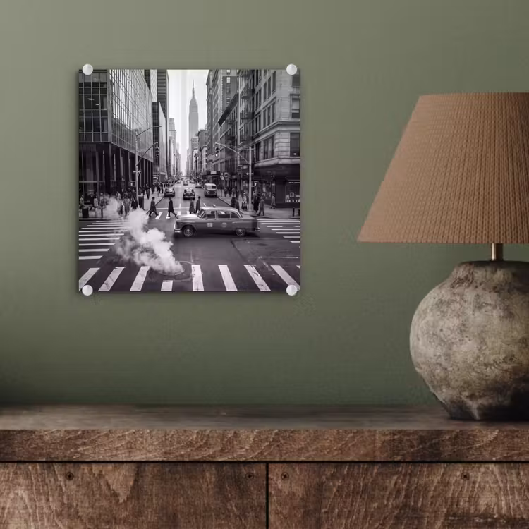 Glasbild - Stadt – Straße – Gebäude – Verkehr – Schwarz-Weiß - Stad - Straat - Gebouwen - Verkeer - Zwart-wit plexiglas 5mm klein