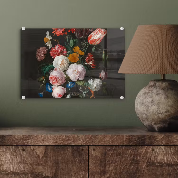 Stilleven met bloemen in een glazen vaas - Schilderij van Jan Davidsz. de Heem plexiglas 5mm klein -sfeer3