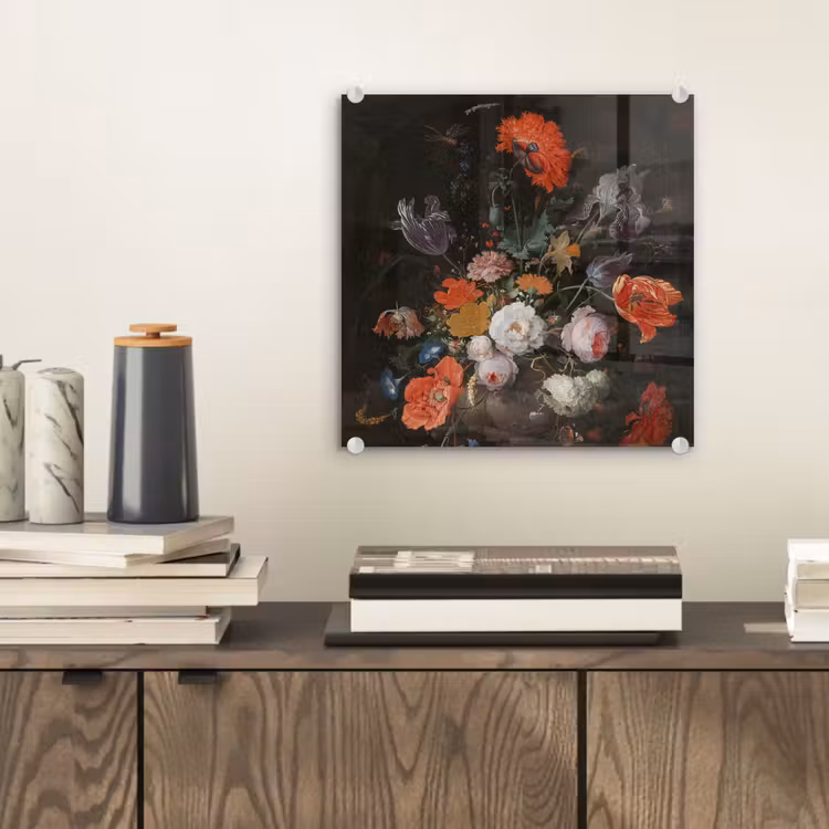 Stilleven met bloemen en een horloge - Schilderij van Abraham Mignon plexiglas 5mm klein -sfeer1