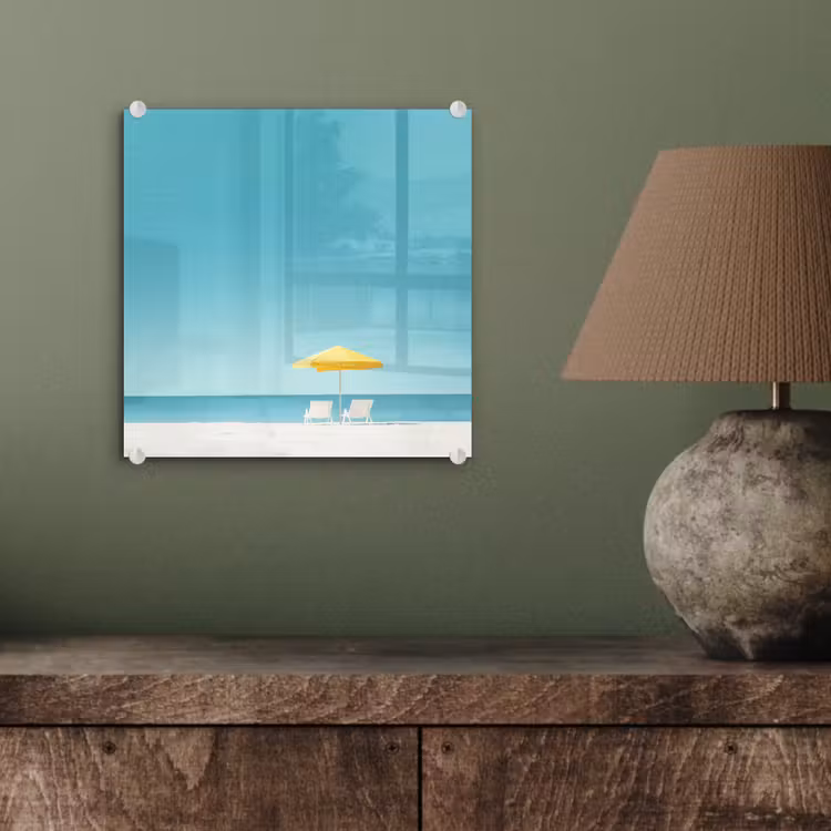 Strand - Blauwe lucht - Geel - Parasol plexiglas 5mm klein -sfeer3