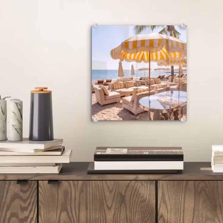 Glasbild - Strand – Liegestühle – Urlaub – Modern – Gelb - Strand - Ligbedden - Vakantie - Modern - Geel plexiglas 5mm klein