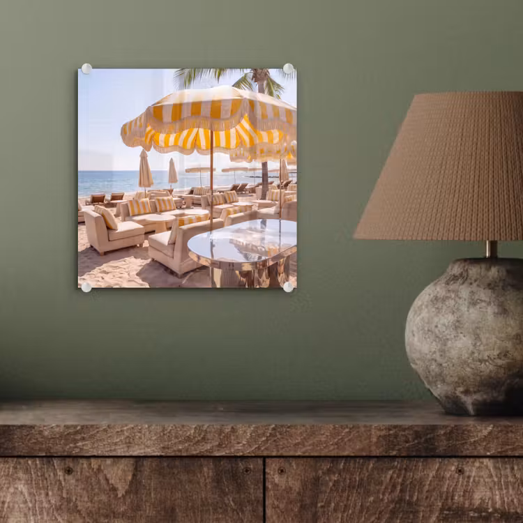 Glasbild - Strand – Liegestühle – Urlaub – Modern – Gelb - Strand - Ligbedden - Vakantie - Modern - Geel plexiglas 5mm klein