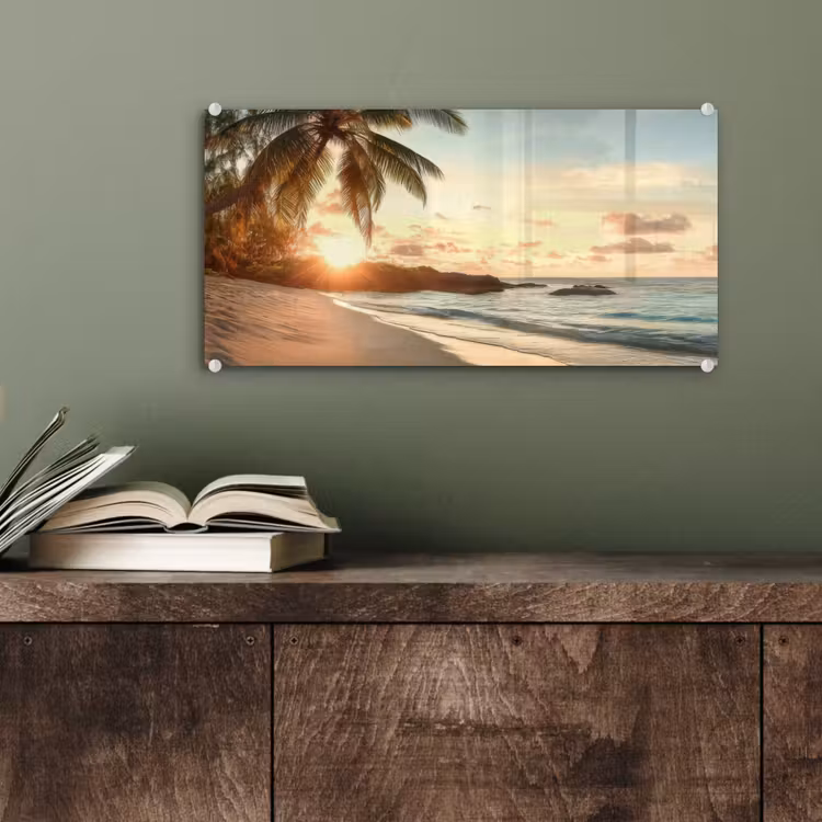Strand - Palmbomen - Oceaan - Zonsondergang plexiglas 5mm klein -sfeer3