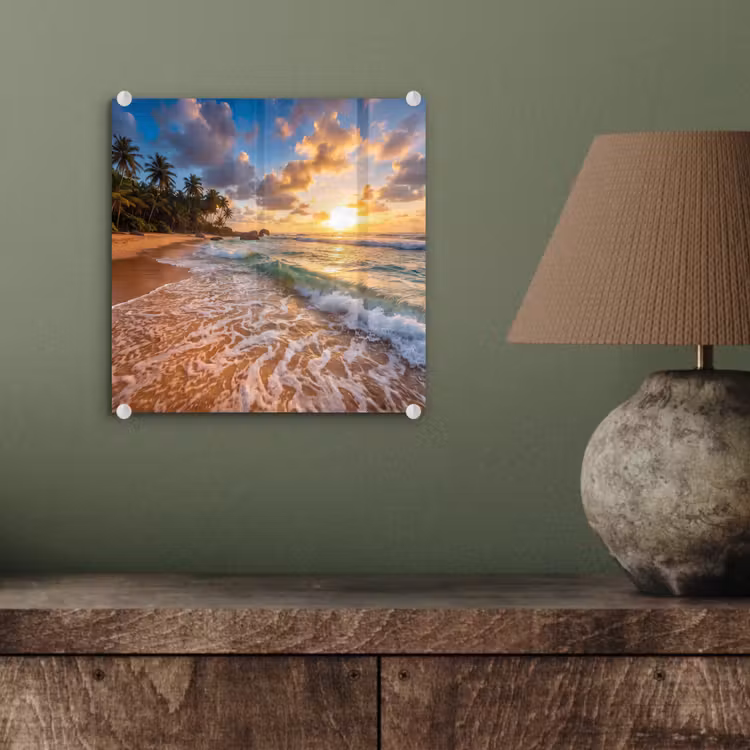 Strand - Zonsondergang - Golven - Natuur - Goud plexiglas 5mm klein -sfeer3