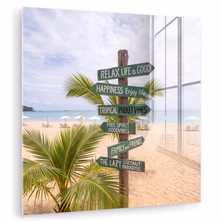 Glasbild - Strand – Wegweiser – Palmen – Tropisch – Grün - Strand - Wegwijzer - Palmen - Tropisch - Groen plexiglas 5mm klein